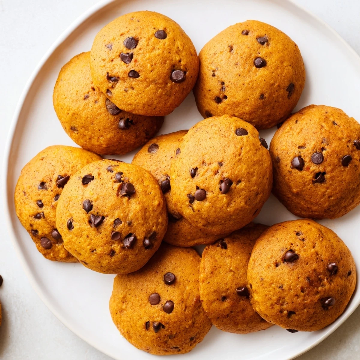 Soft pumpkin cookies with warm spices piled on a rustic wooden board