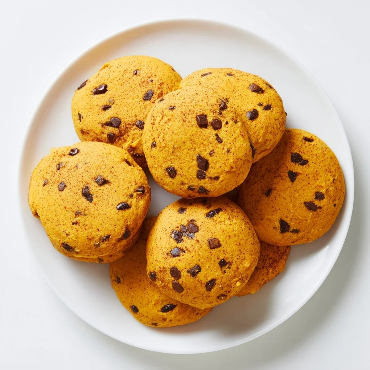 Stack of tender soft pumpkin cookies dusted with powdered sugar on white plate
