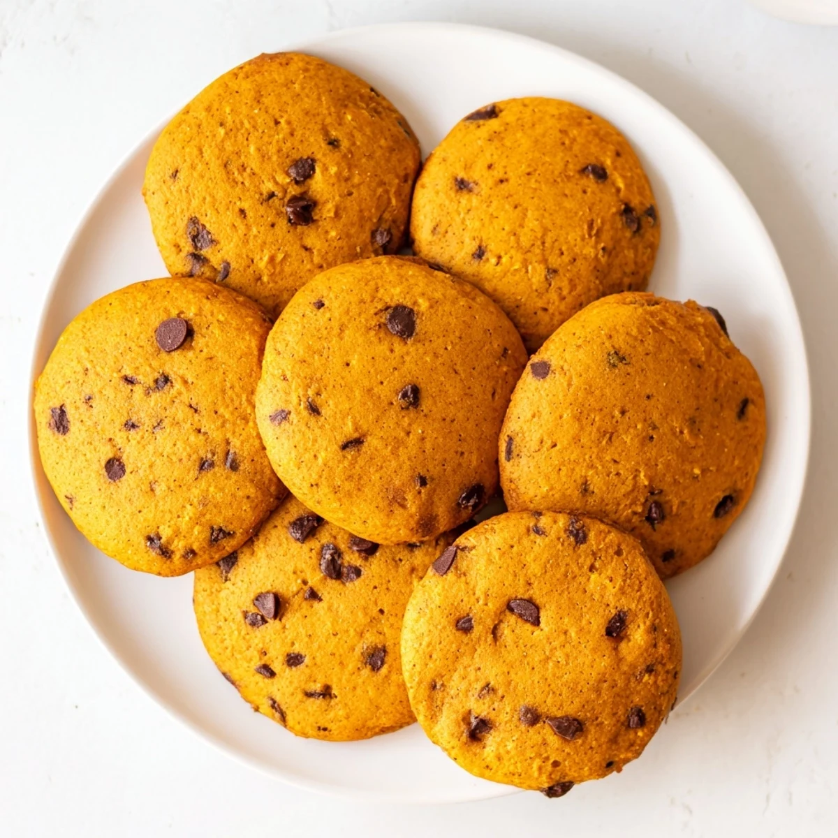 Golden cake-like soft pumpkin cookies with chocolate chips on a baking sheet