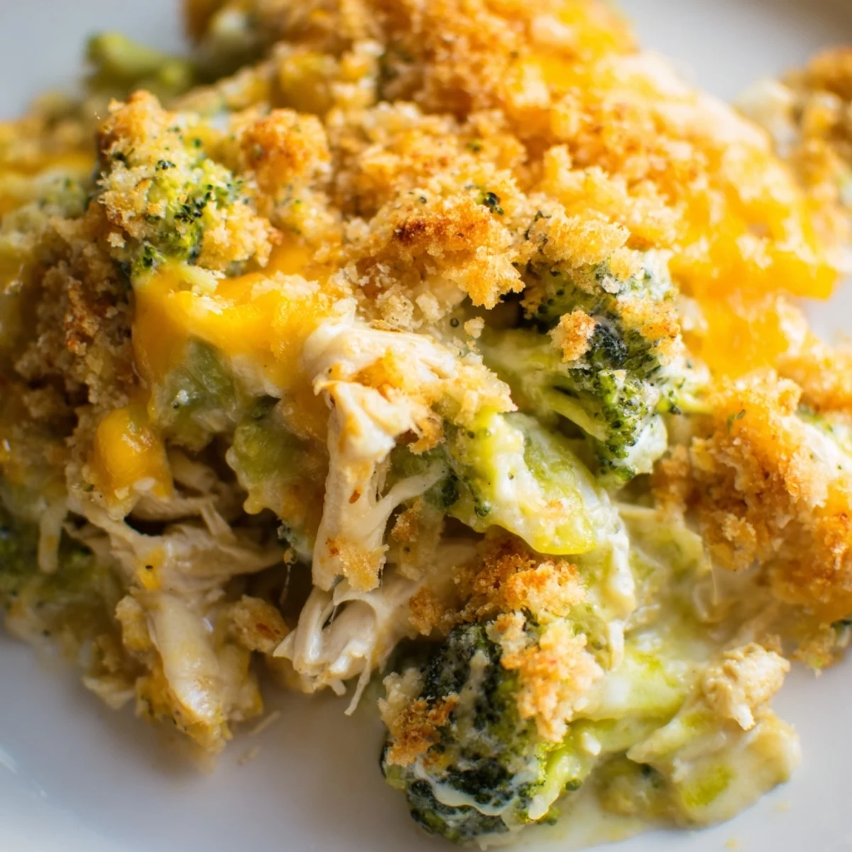 Creamy baked chicken broccoli casserole topped with crispy breadcrumbs and extra cheese