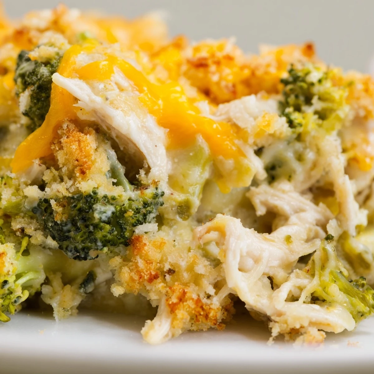 Golden brown chicken broccoli casserole with melted cheddar and buttery panko topping