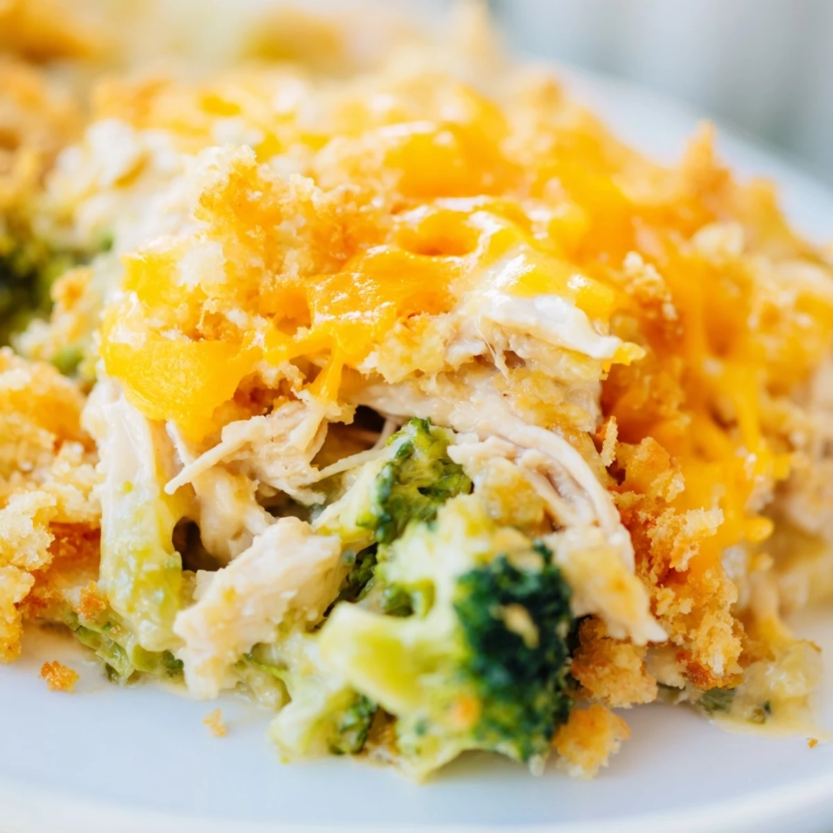 Homemade chicken broccoli casserole fresh from the oven with bubbling cheesy sauce