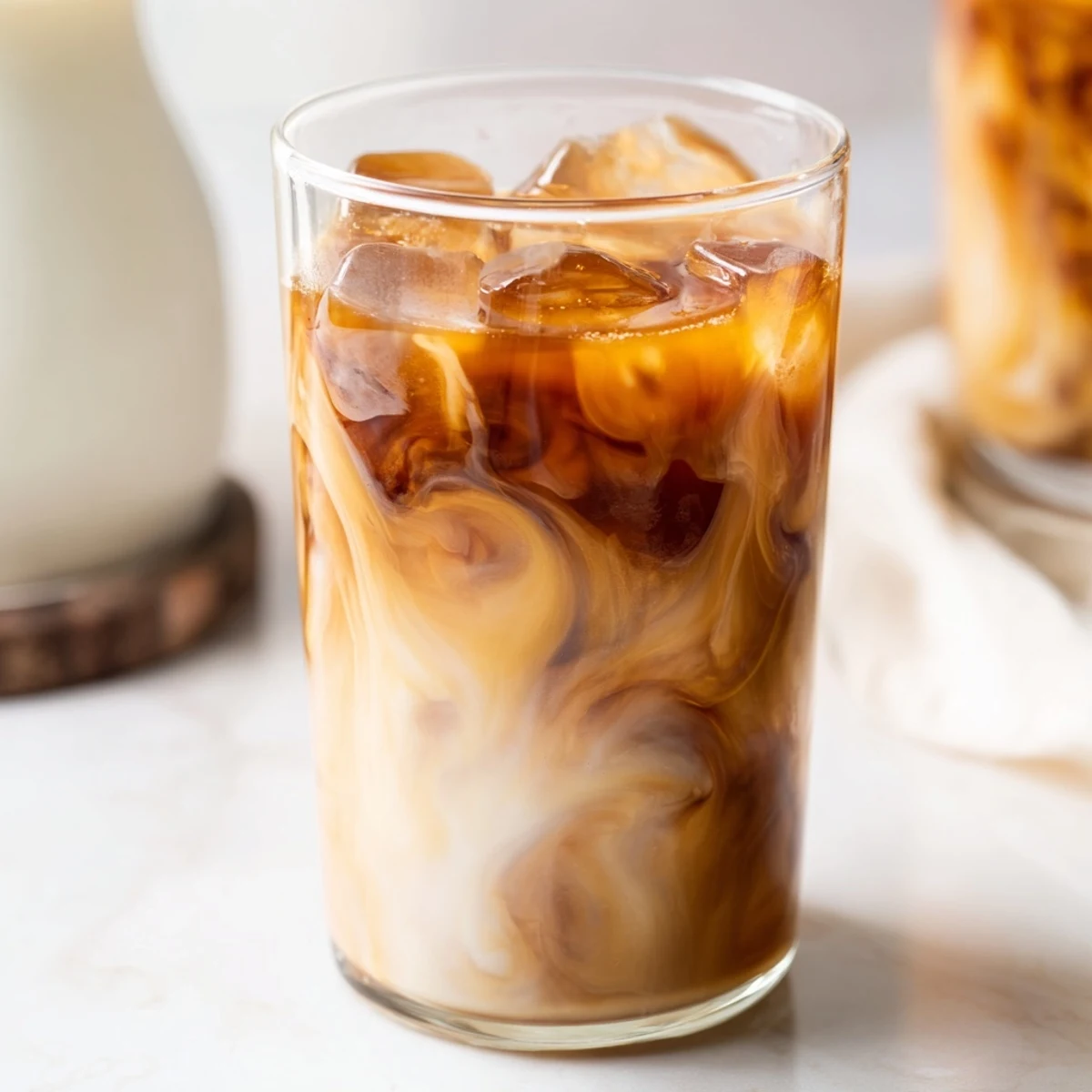 Garnished glass of Okinawa milk tea filled with ice cubes and brown sugar syrup