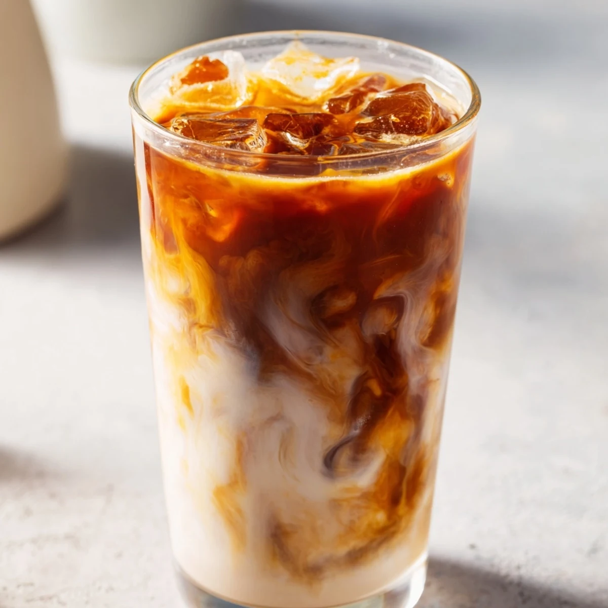 Creamy Okinawa milk tea poured over ice in a tall glass with swirling milk patterns