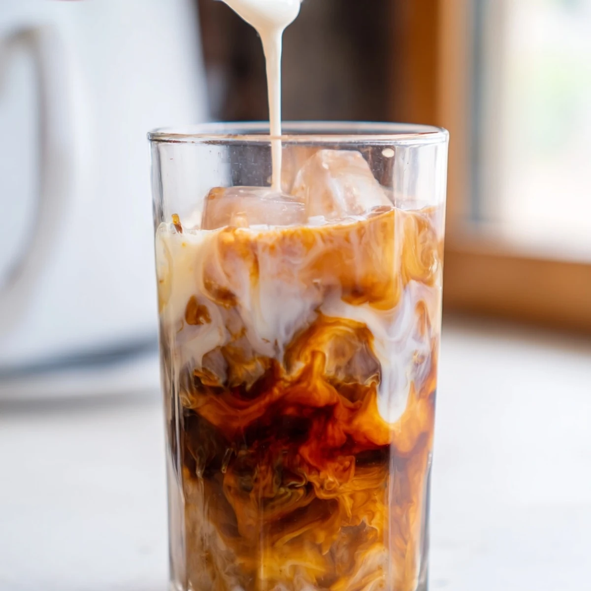 Refreshing Okinawa milk tea beverage showing caramel-colored tea layered with milk over crushed ice