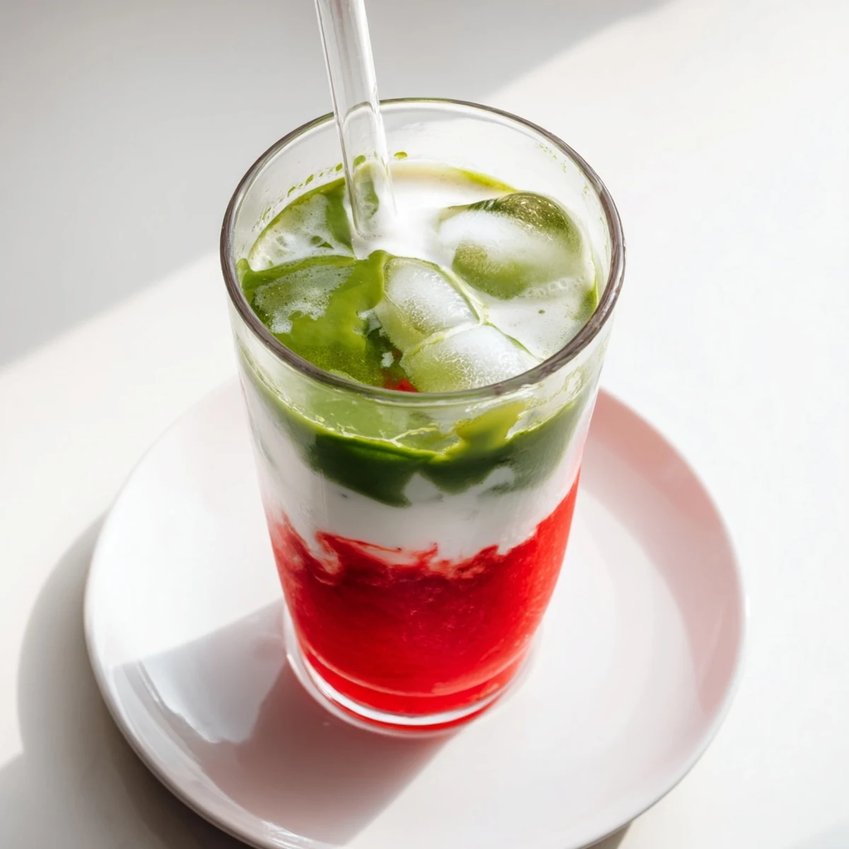 Gorgeous layered strawberry matcha latte with sweet red puree, earthy green tea, and icy cold milk in a clear glass