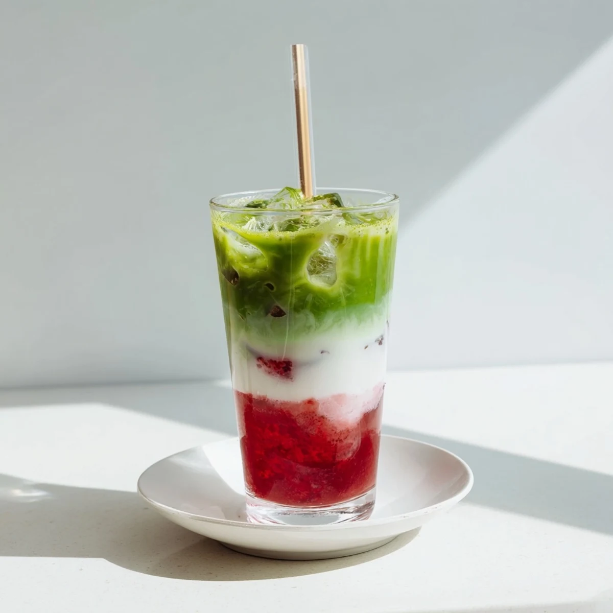Vibrant green and pink swirls in this refreshing strawberry matcha latte served over ice with frothy milk on top