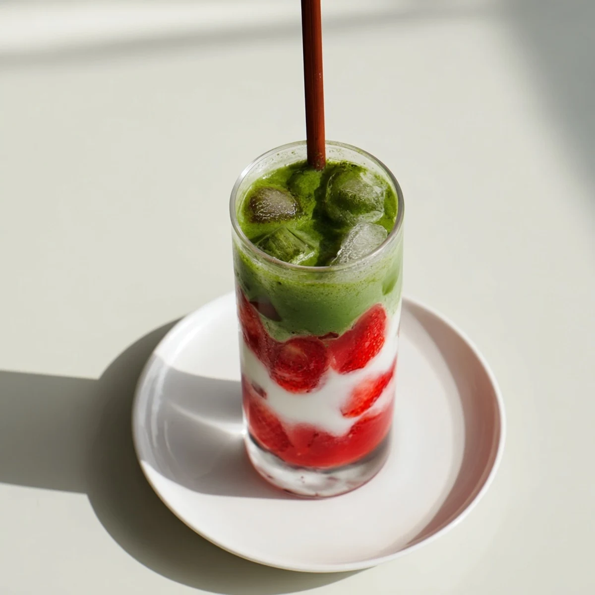 Handheld glass of strawberry matcha latte showing distinct colorful layers of fruit puree, creamy milk, and whisked matcha