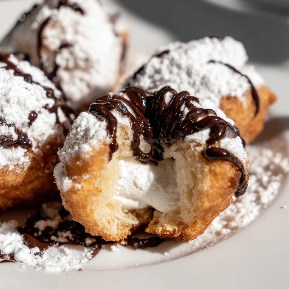 Golden deep fried marshmallows with crispy batter and melted marshmallow center on white plate