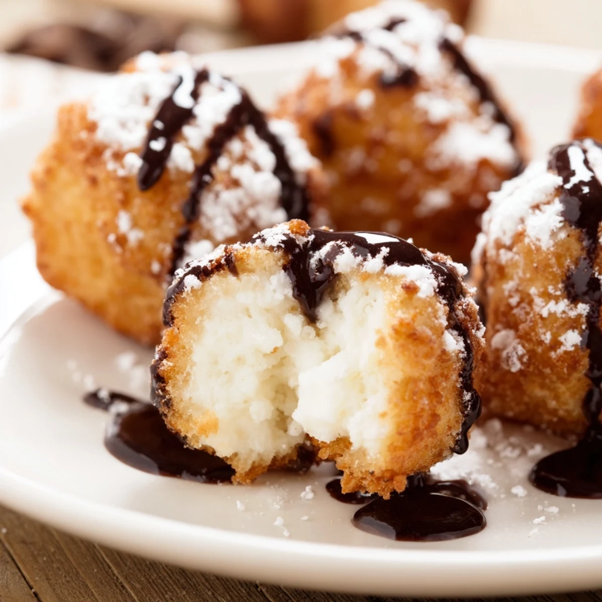 Stack of warm deep fried marshmallows dusted with powdered sugar and chocolate drizzle