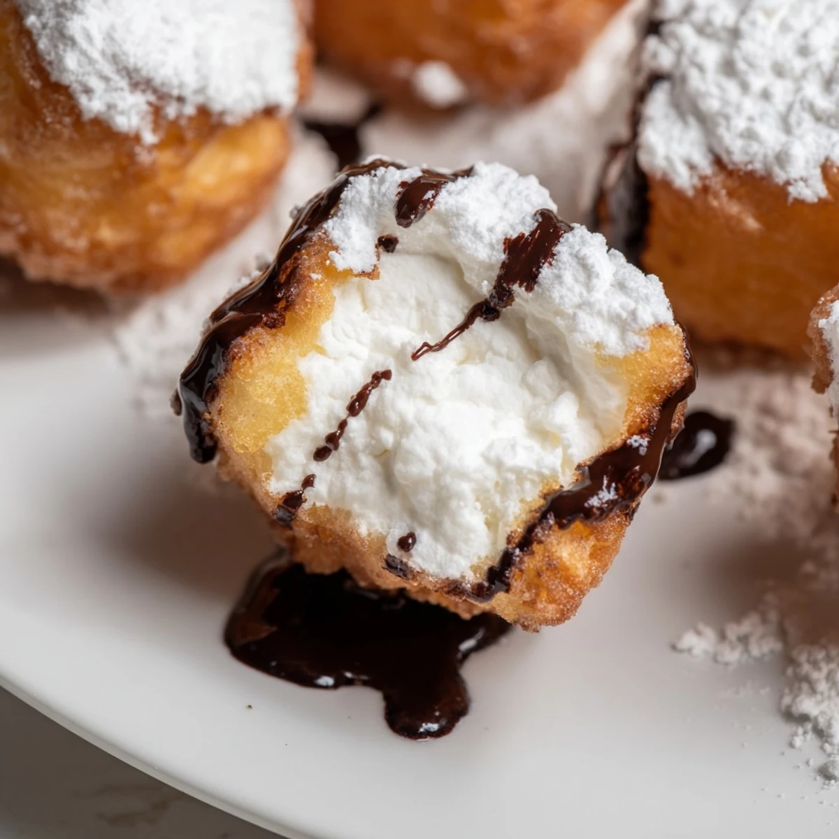 Battered deep fried marshmallows frying in hot oil showing golden crispy exterior texture