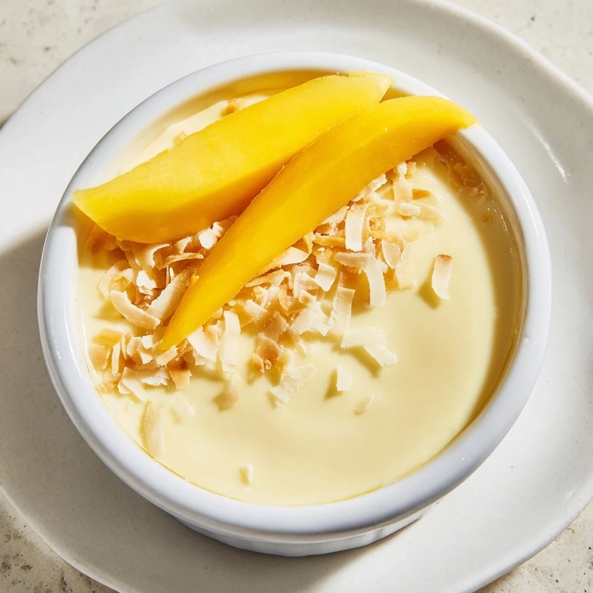 Silky smooth Thai coconut custard dessert topped with fresh mango slices and shredded coconut