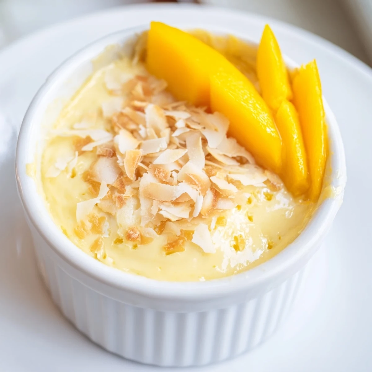 Creamy Thai coconut custard steamed in small white ramekins with toasted coconut topping