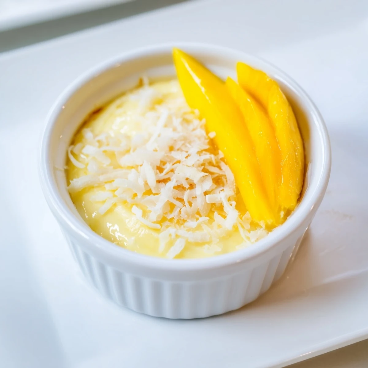 Golden Thai coconut custard served chilled in individual cups with coconut garnish