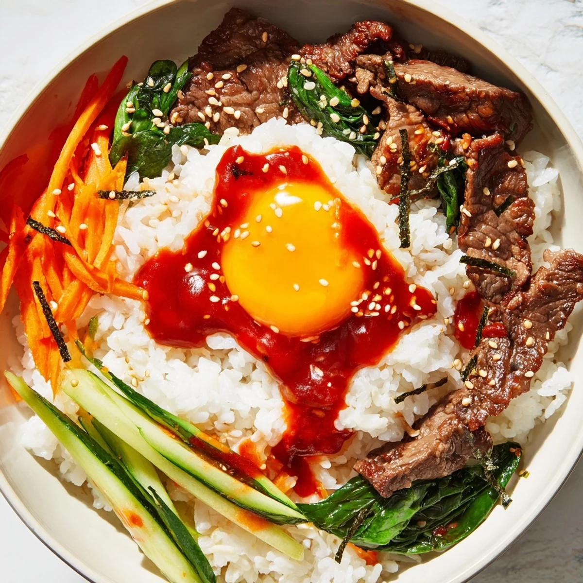 Vibrant breakfast bowl arrangement with tender beef slices, crispy bean sprouts, spinach, and sunny-side-up egg on rice