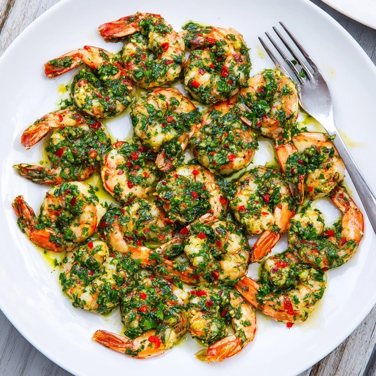 Golden pan seared shrimp coated in vibrant green chimichurri sauce on a white plate