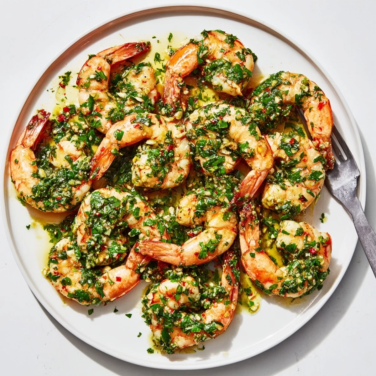 Sizzling chimichurri shrimp seared to perfection in a skillet with fresh herb drizzle