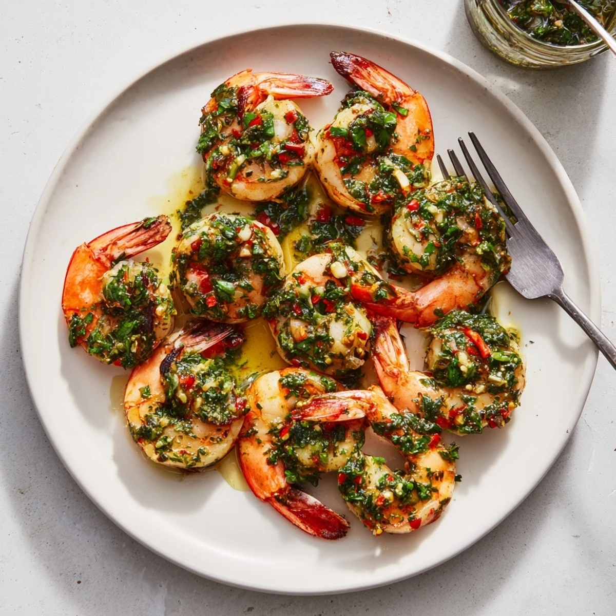 Juicy pan seared chimichurri shrimp garnished with parsley and served as appetizer