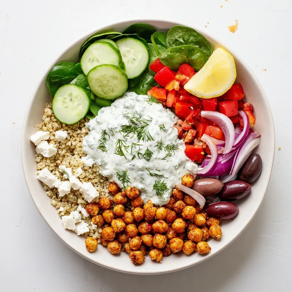 Colorful Greek Power Bowls piled high with quinoa, fresh vegetables, and creamy tzatziki sauce