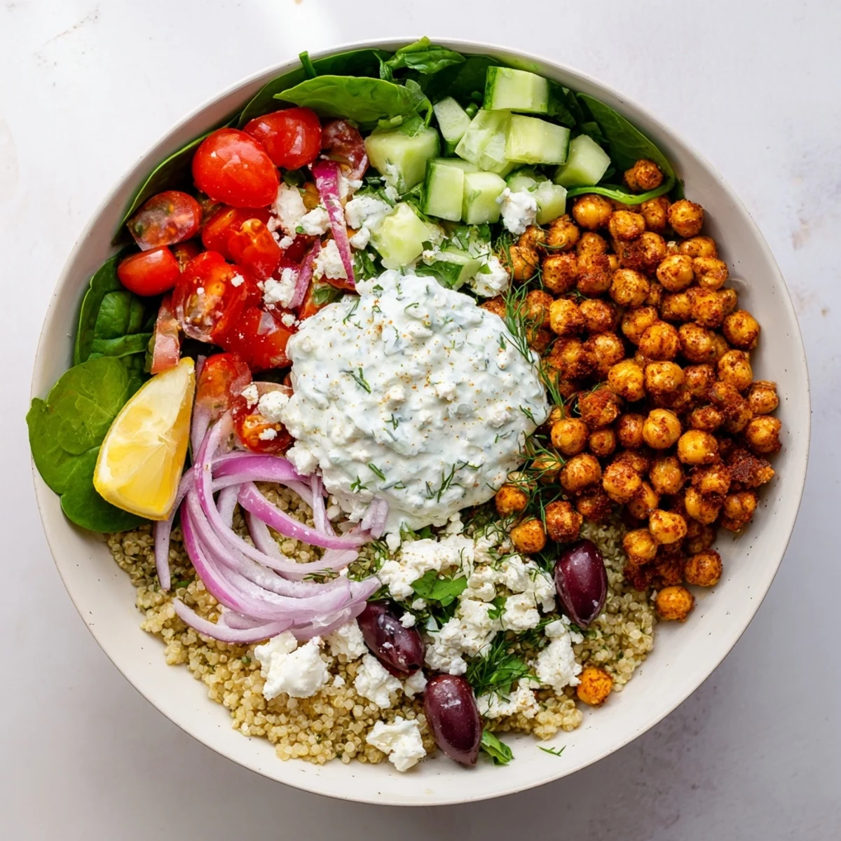 Vibrant meal prep Greek Power Bowls featuring roasted chickpeas, crisp veggies, and tangy feta