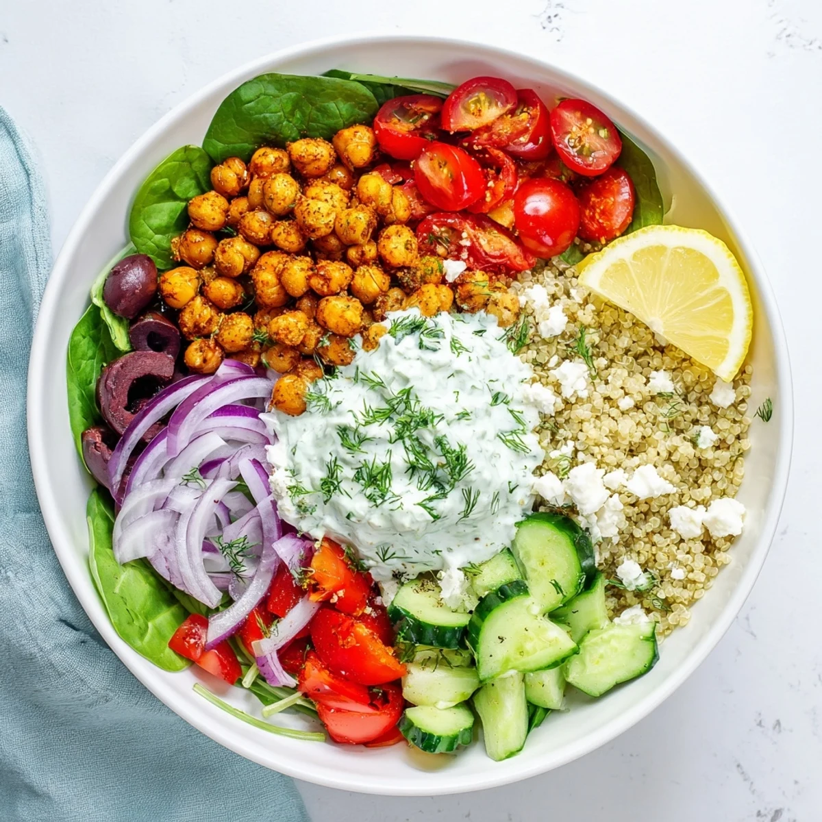 Healthy Greek Power Bowls arranged with spinach, cherry tomatoes, olives, and homemade yogurt sauce