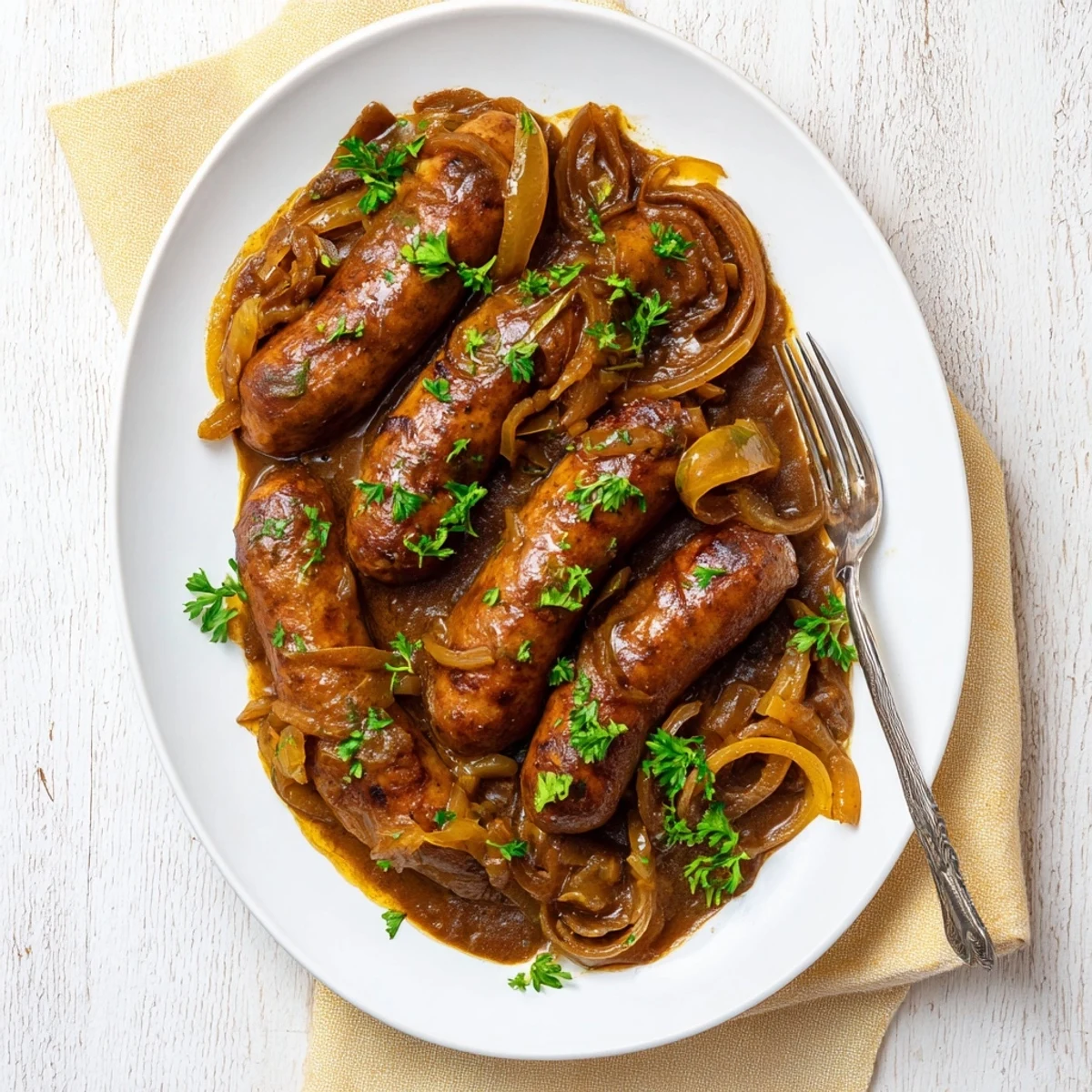 Golden brown sausages swimming in a rich, caramelized onion gravy with fresh parsley garnish