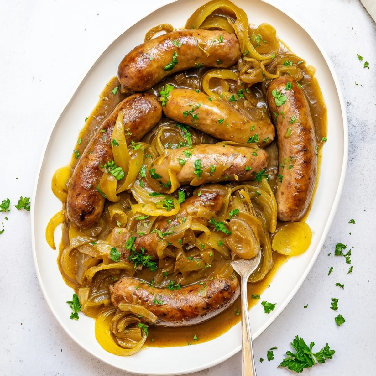 Hearty British sausages in onion gravy served over creamy mashed potatoes for a comforting dinner