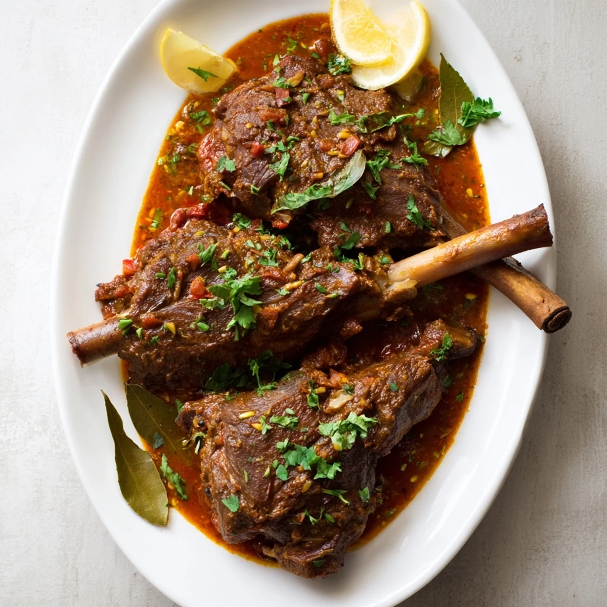 Tender slow cooked Indian lamb shanks braised in rich aromatic curry sauce with fresh cilantro garnish