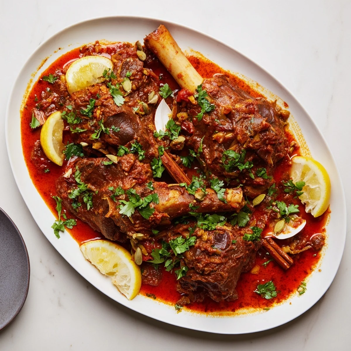 Fall-off-the-bone Indian lamb shanks simmered for hours in spiced tomato sauce served with lemon wedges