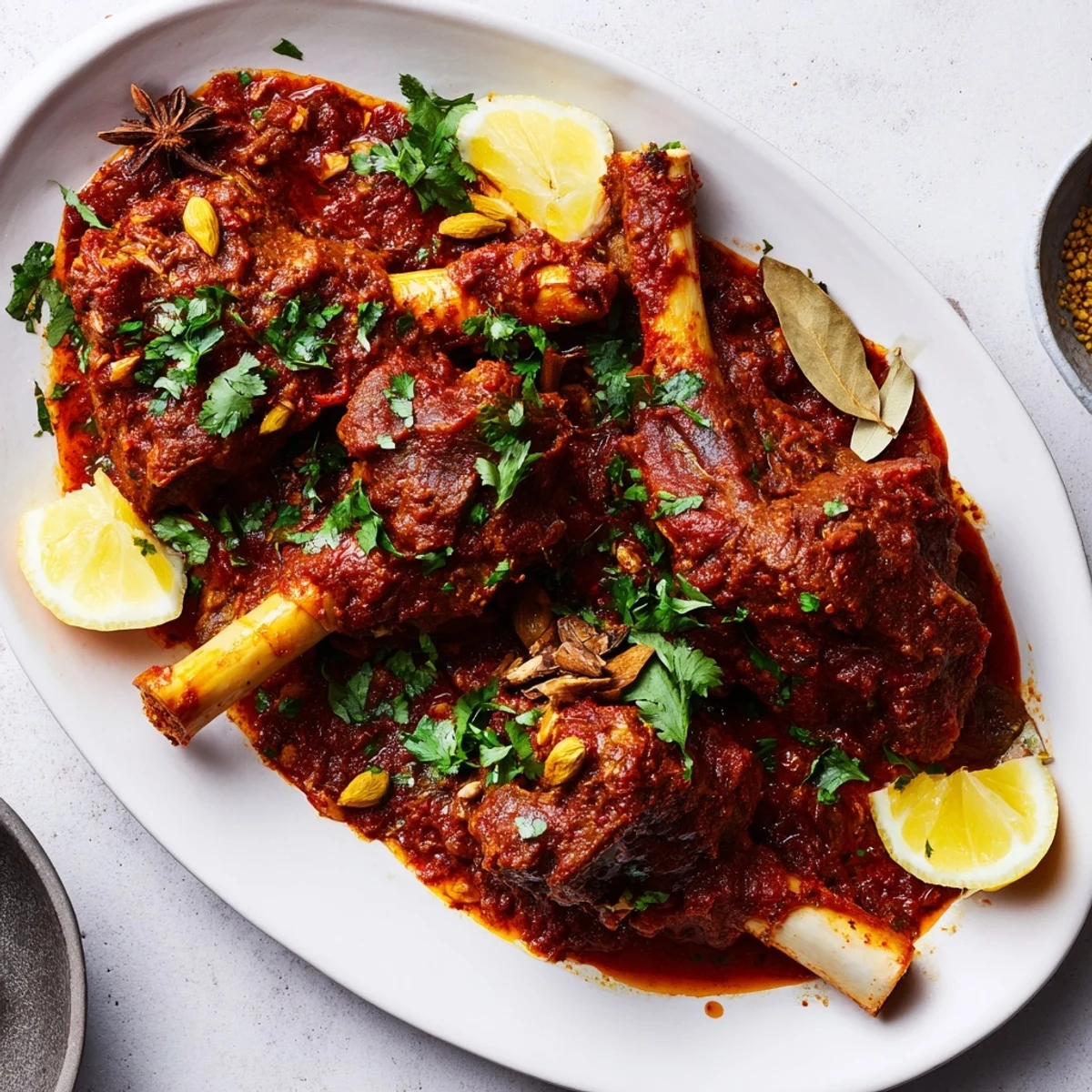 Golden brown slow cooked Indian lamb shanks in thick red curry sauce over steaming basmati rice