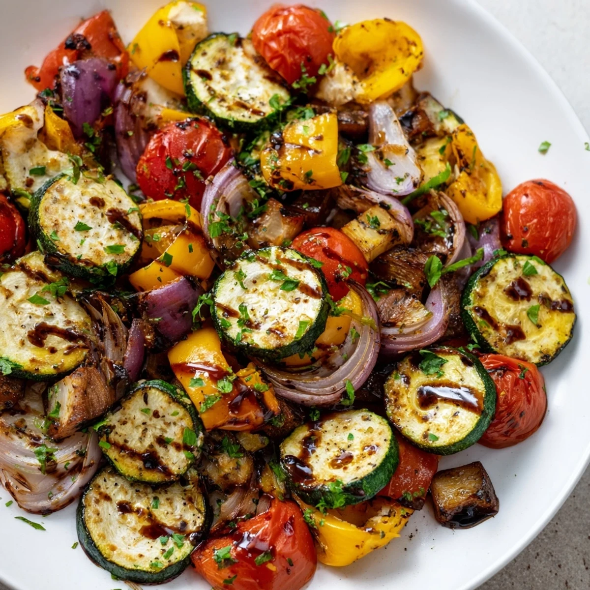 Golden brown Italian roasted vegetables with zucchini bell peppers and tomatoes on a baking sheet
