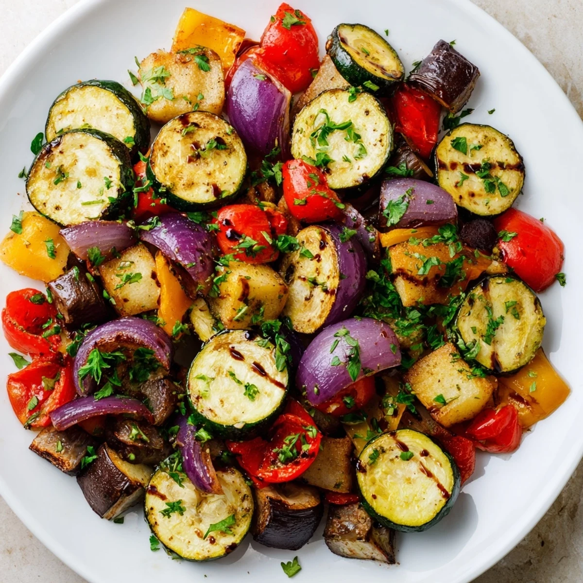 Vibrant tray of tender Italian roasted vegetables glistening with balsamic glaze and fresh parsley