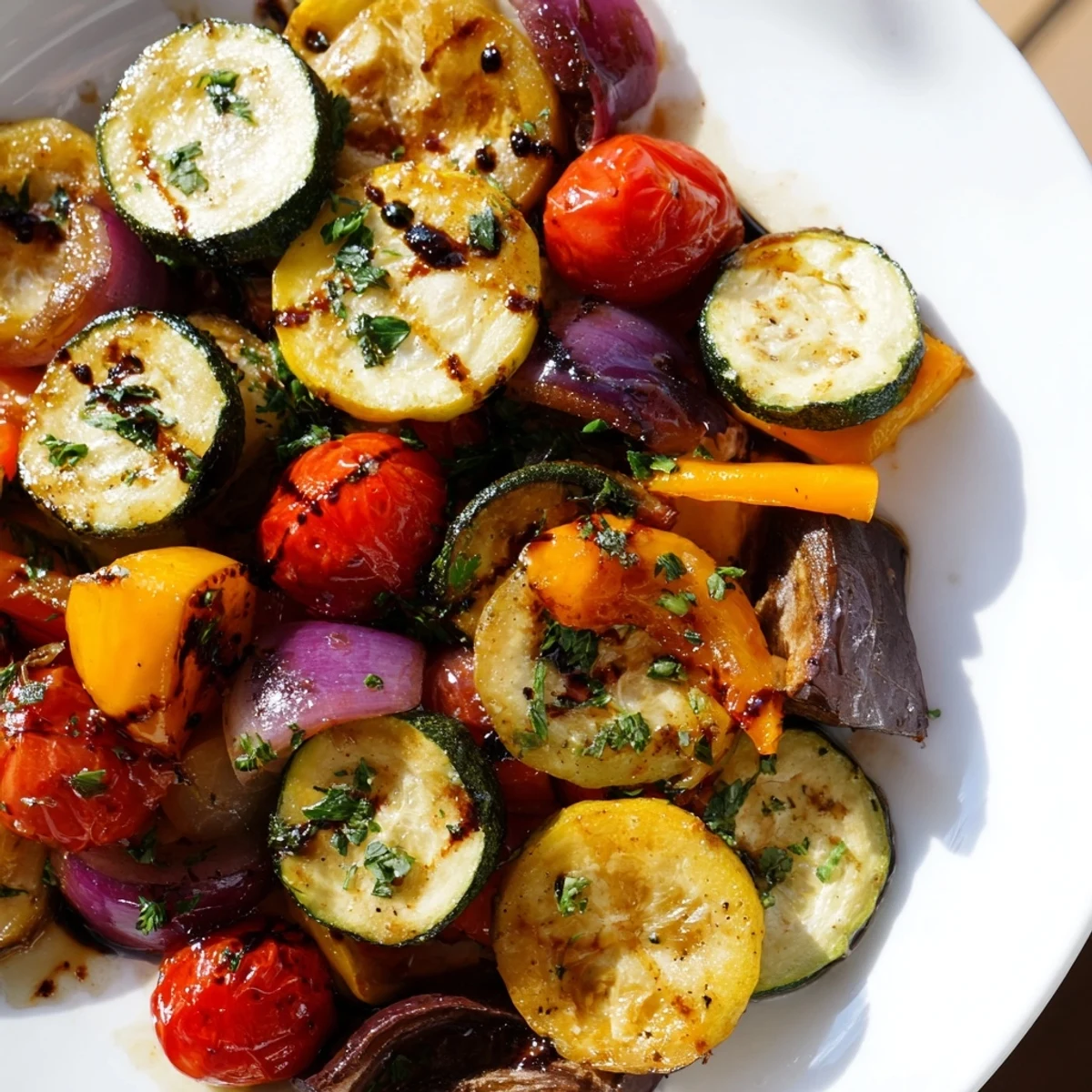 Colorful Italian roasted vegetables tossed with olive oil garlic and herbs ready for serving