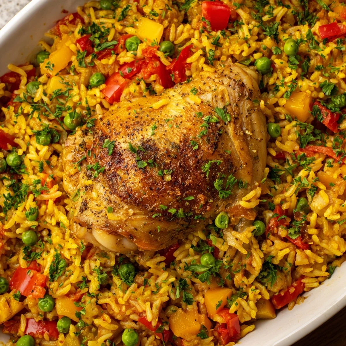 Golden chicken thighs sizzling atop colorful Spanish rice with bell peppers and peas