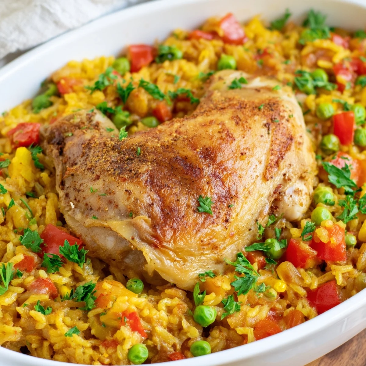 Juicy seasoned chicken resting on vibrant saffron rice with diced tomatoes in cast iron