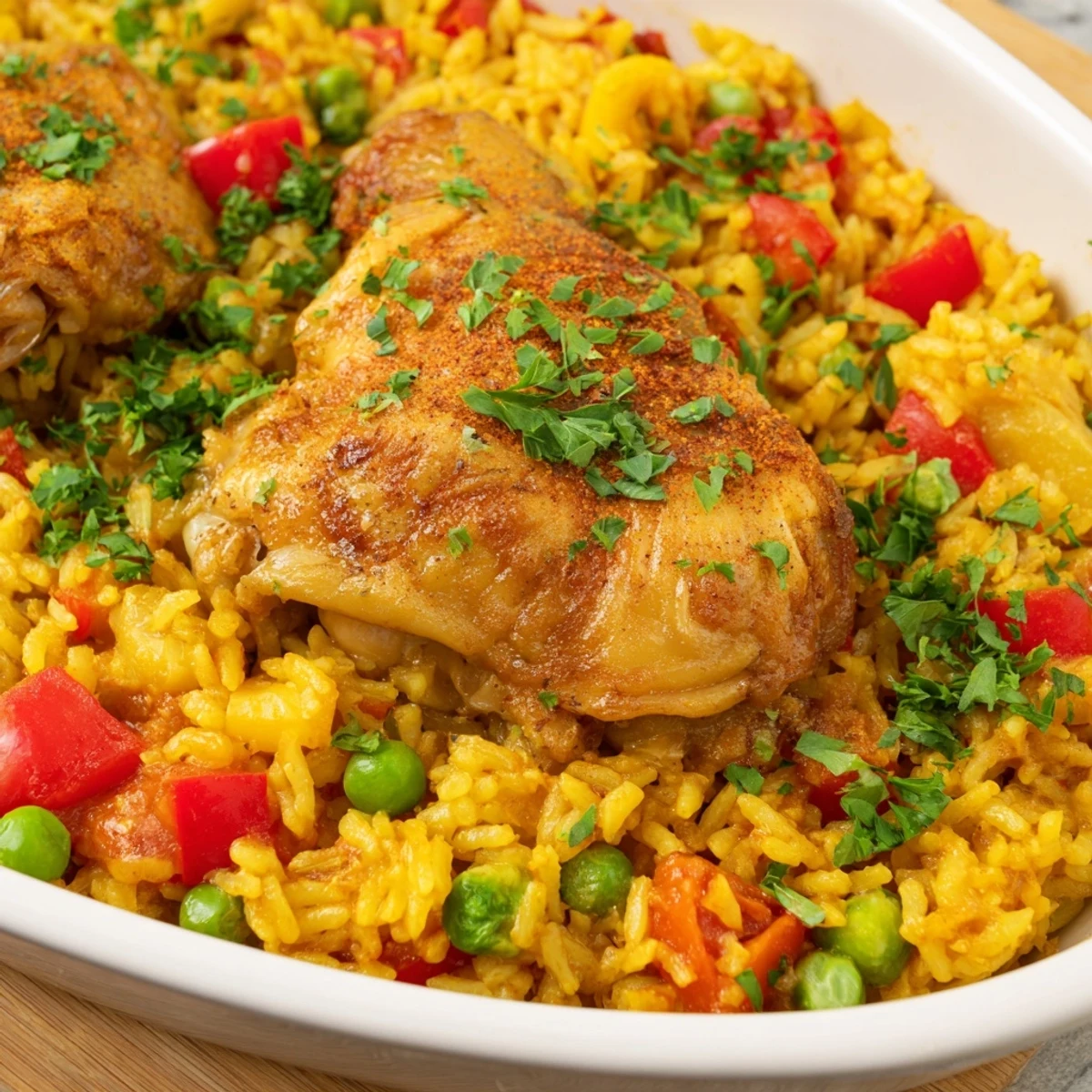 Comforting one pan Spanish chicken and rice bake garnished with fresh parsley and lemon