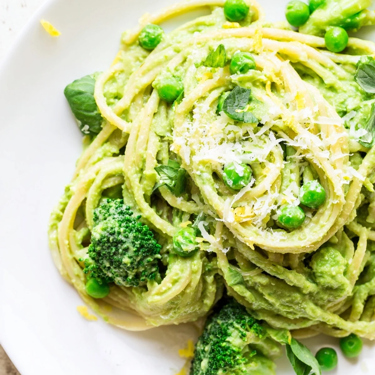Creamy veggie smuggler avocado pasta tossed with vibrant green sauce and steamed broccoli florets