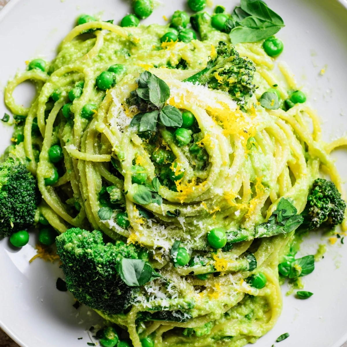 Plate of veggie smuggler avocado pasta featuring hidden vegetables in silky avocado basil sauce