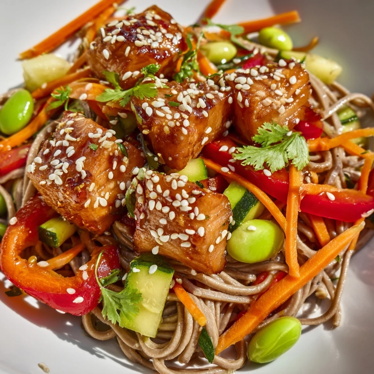 Golden glazed teriyaki salmon fillets rest atop a colorful bowl of chilled soba noodles with crisp vegetables