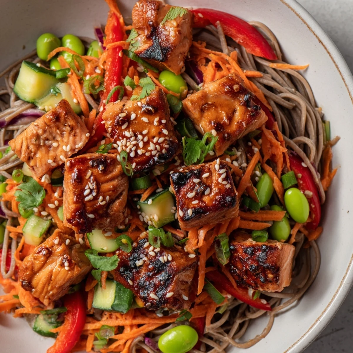 Vibrant Japanese-inspired teriyaki salmon soba noodle salad featuring flaky fish, crunchy veggies, and sesame seed garnish