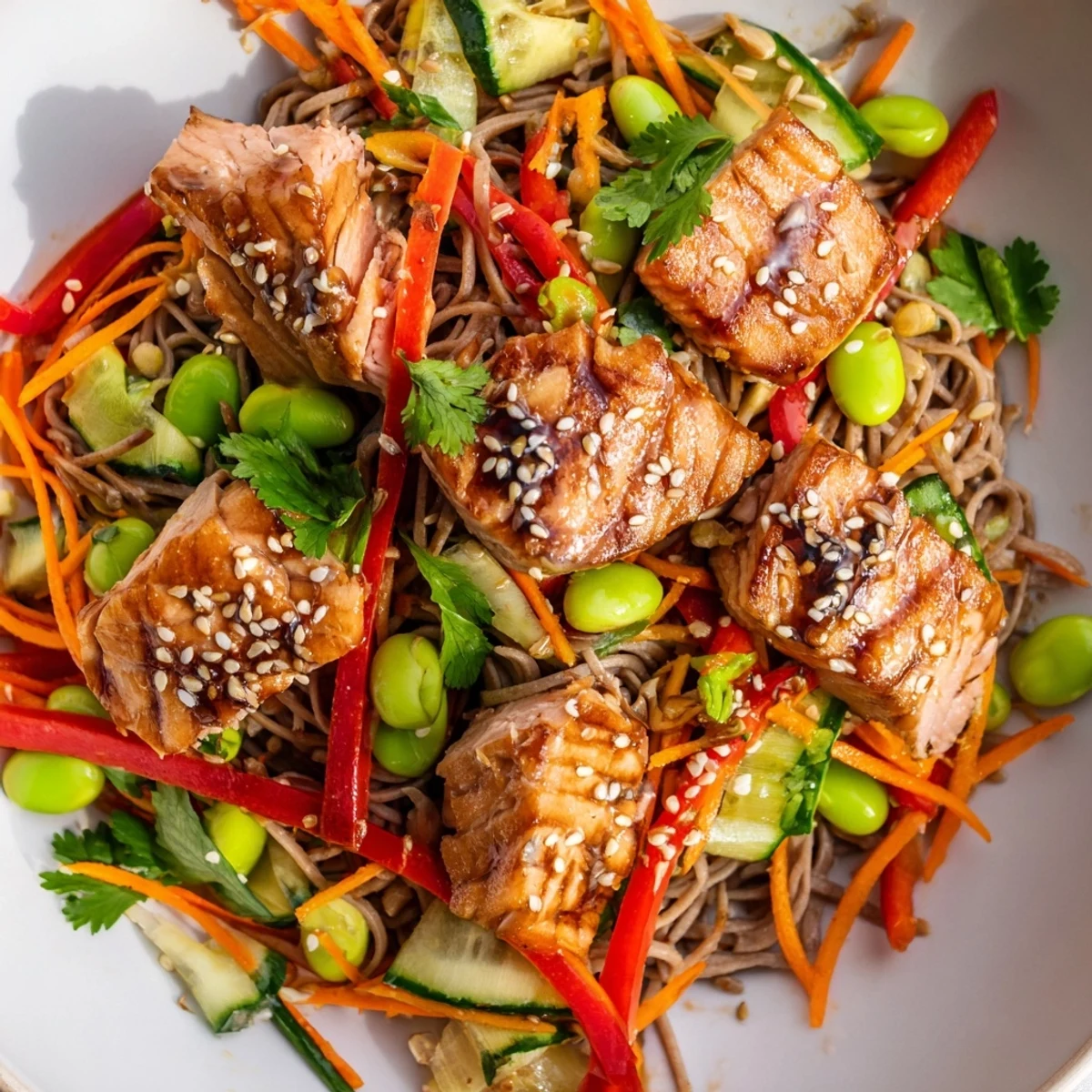 Fresh buckwheat soba noodles tossed with colorful vegetables and topped with sticky teriyaki glazed salmon chunks
