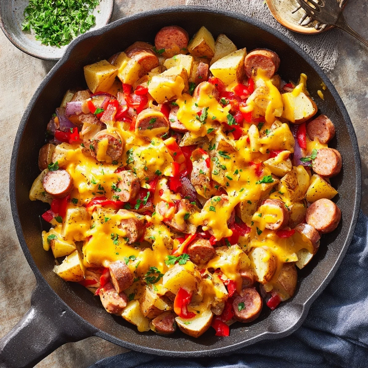 Golden cheesy sausage and potato skillet bake bubbling with melted cheddar and fresh parsley garnish