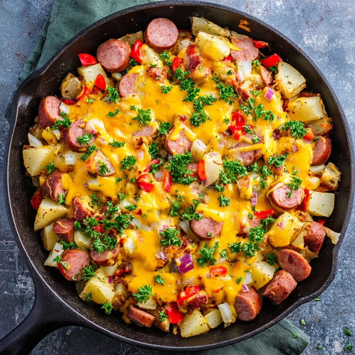 One-pan cheesy sausage and potato skillet bake featuring tender potatoes and savory smoked sausage slices