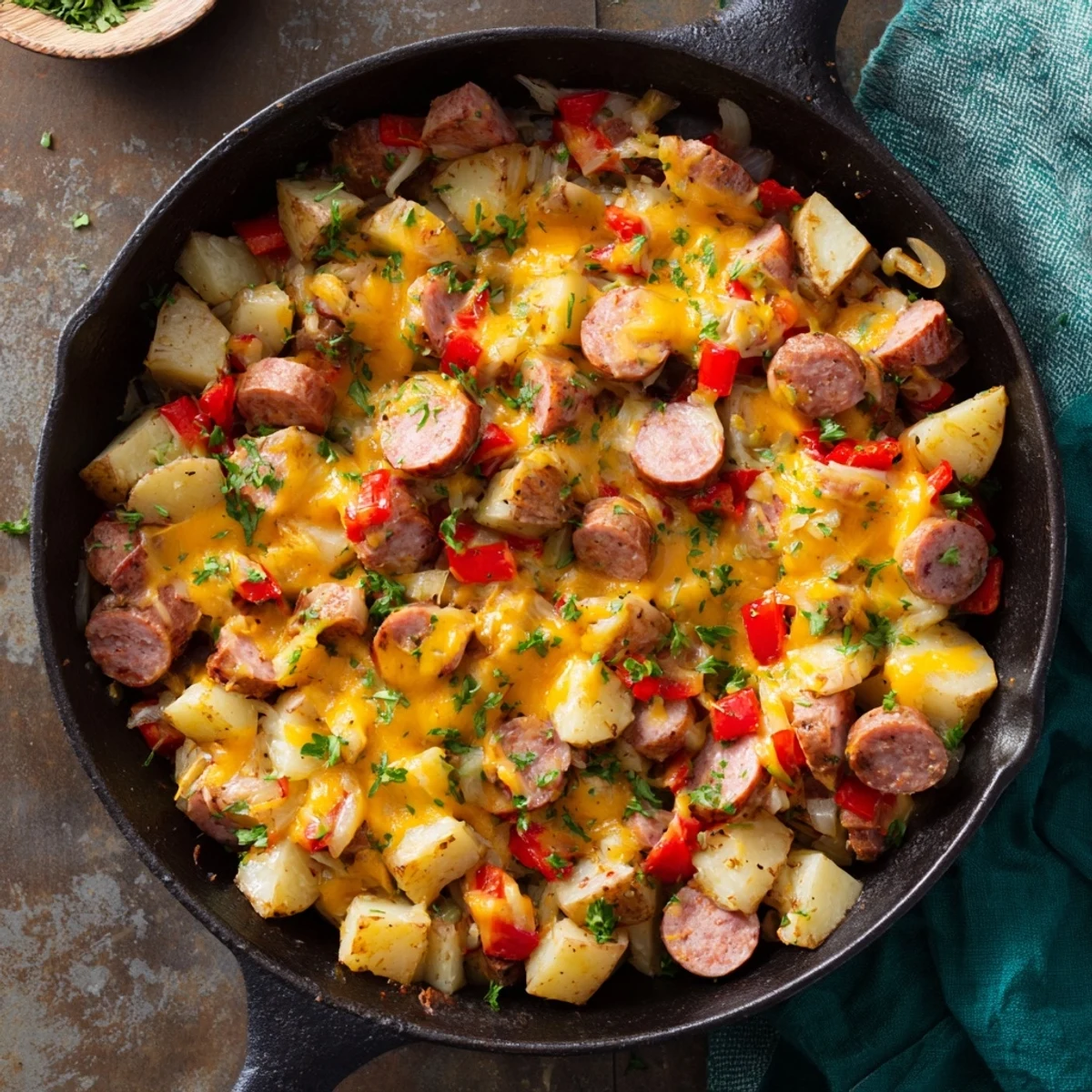 Comforting cheesy sausage and potato skillet bake with golden crust and colorful bell pepper pieces