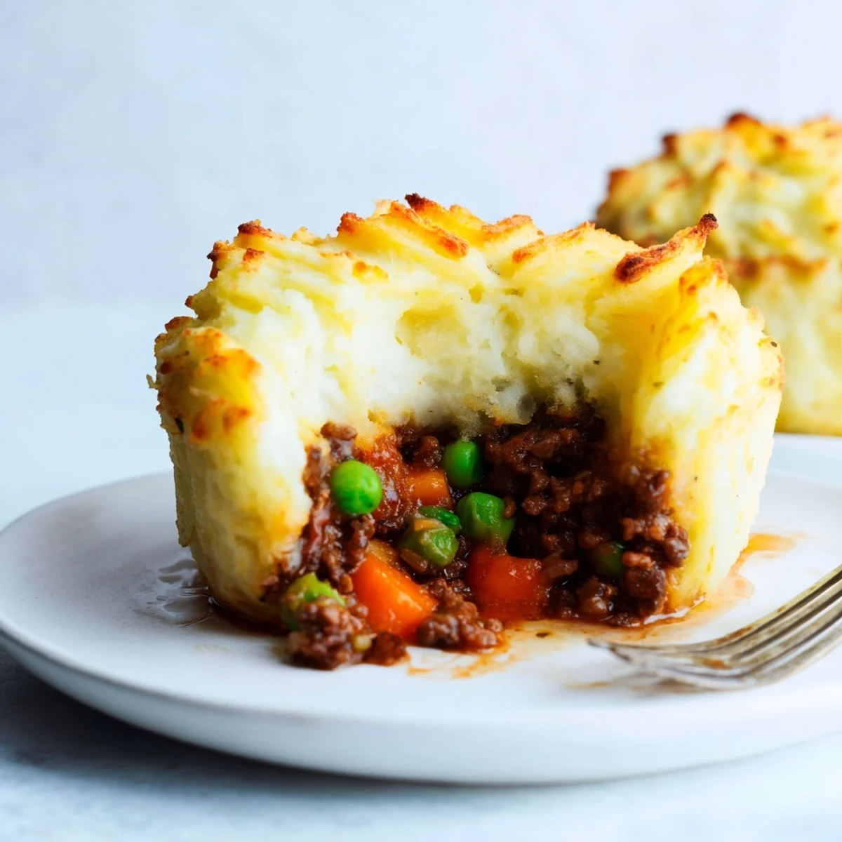 Golden mini shepherds pie with fluffy mashed potato topping bubbling in individual ramekins