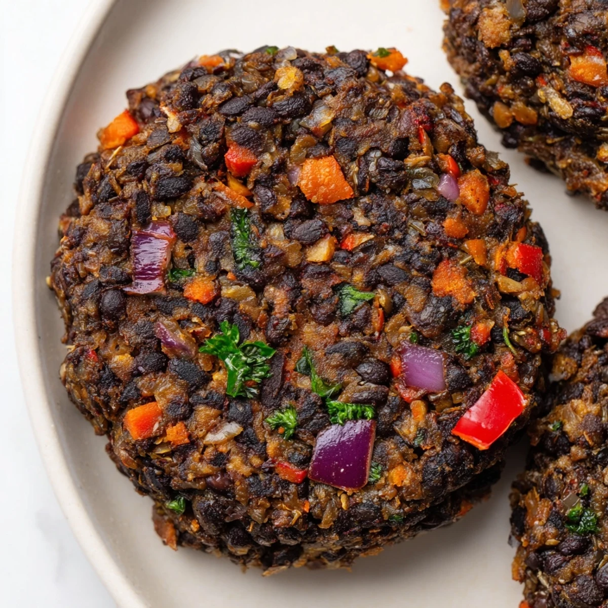 Homemade mushroom veggie burgers grilled to perfection on a wooden board with colorful vegetable toppings