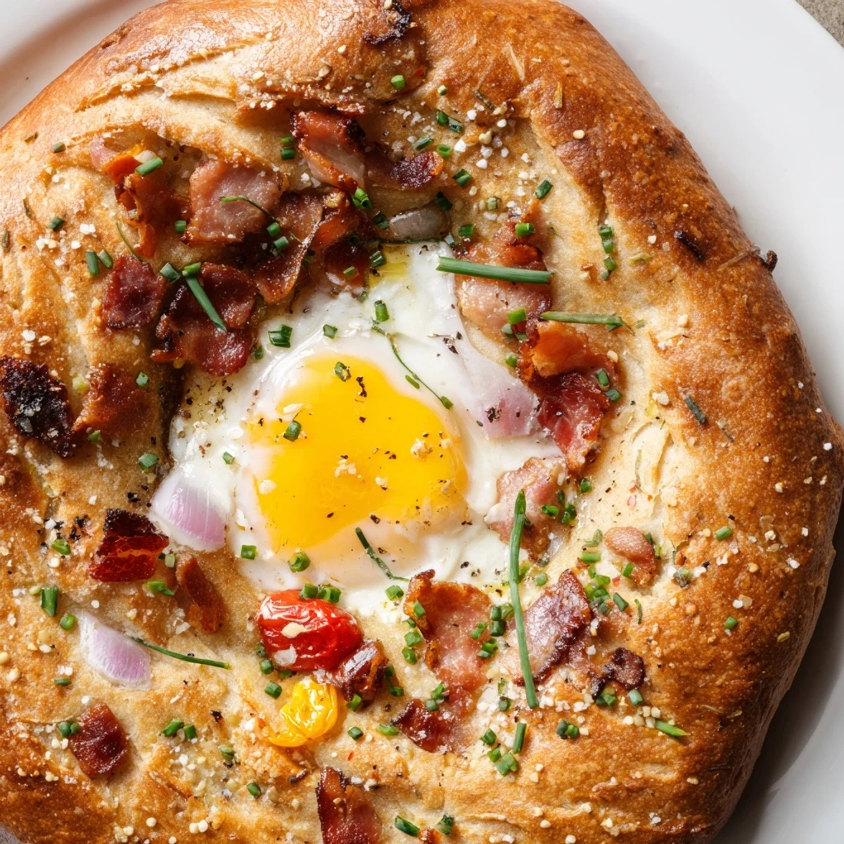 Golden brown breakfast focaccia topped with runny eggs, crispy bacon, and fresh herbs
