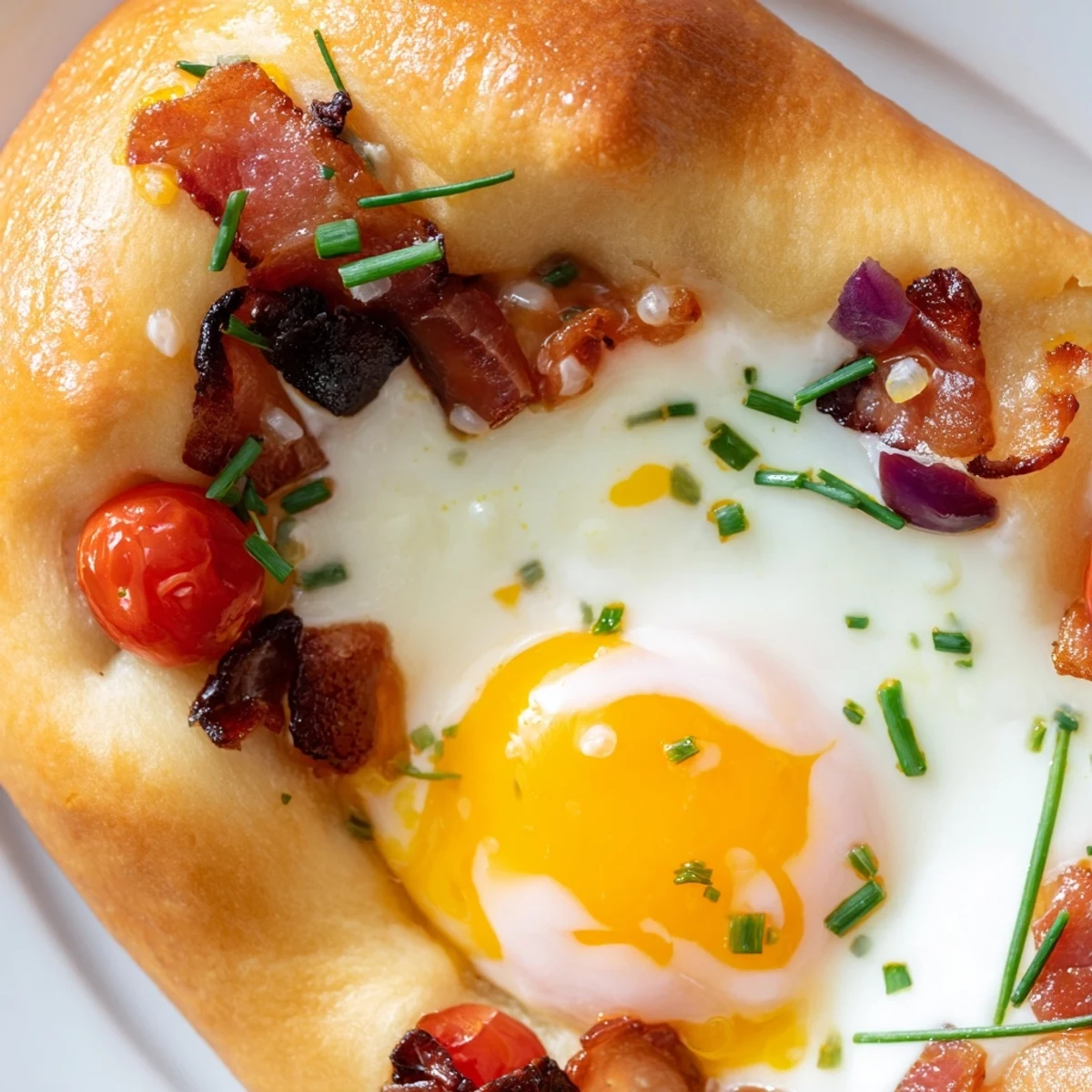 Savory breakfast focaccia flatbread featuring sunny-side-up eggs nestled in olive-oil-dimpled dough