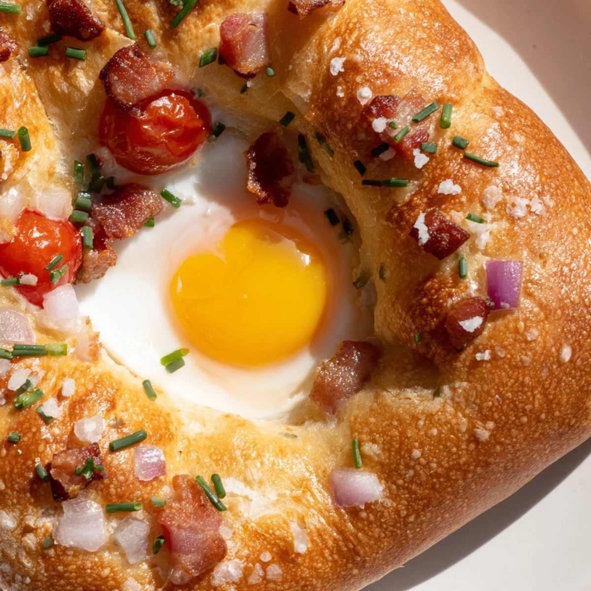 Fluffy Italian breakfast focaccia with baked eggs, cherry tomatoes, and savory bacon