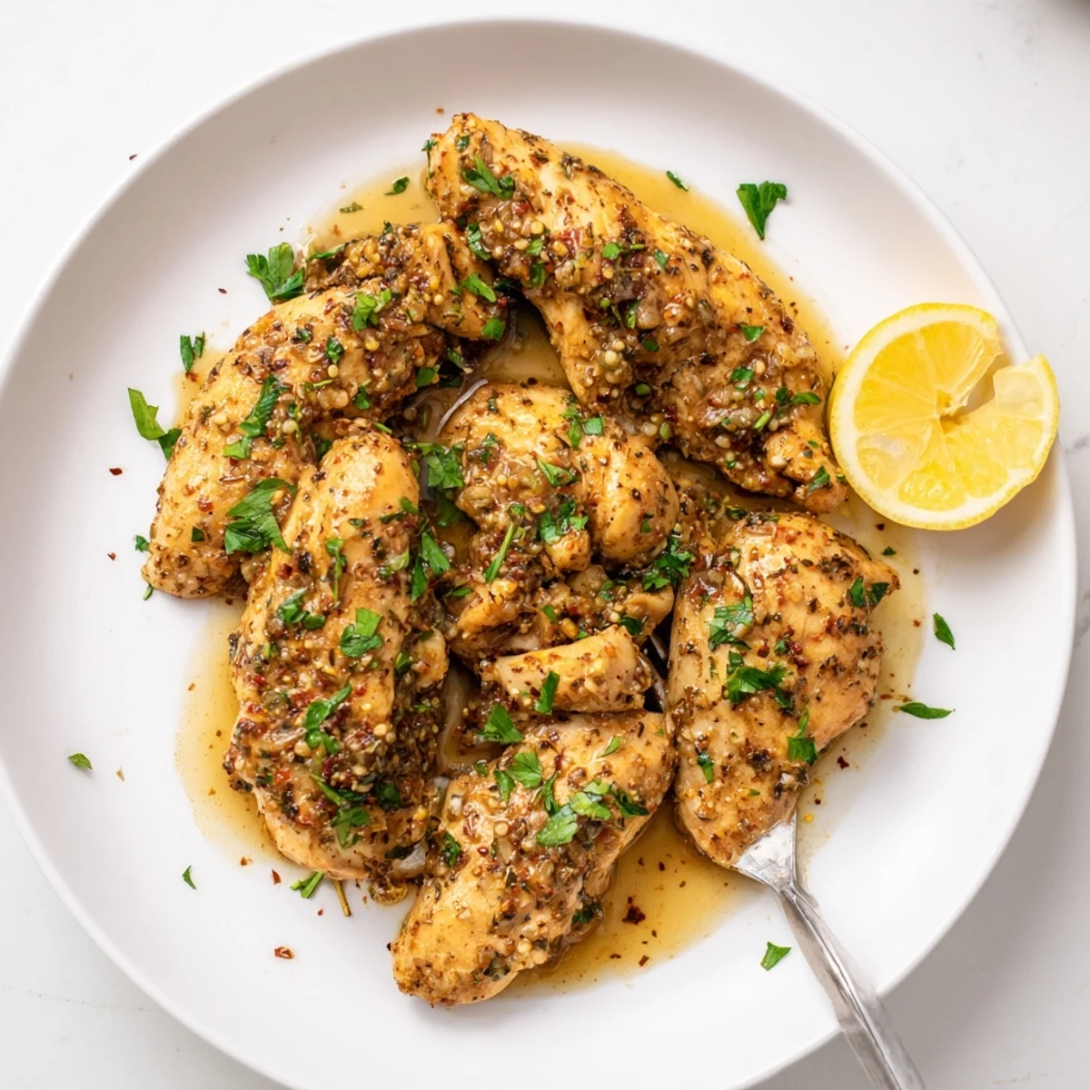 Golden chicken breasts swimming in creamy garlic butter sauce after slow cooking